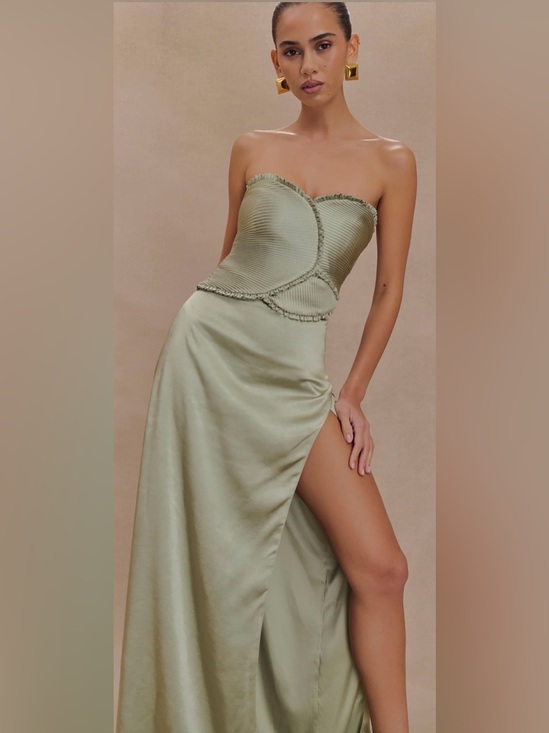 Meshki Dresses & Skirts - Meshki Larissa Satin Maxi Dress With Ruched Petals - Sage